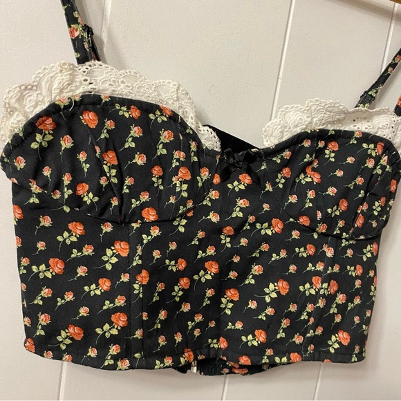 For Love and Lemons Camille Top Black Floral Crop Corset Flowers Roses Frills - Picture 6 of 14